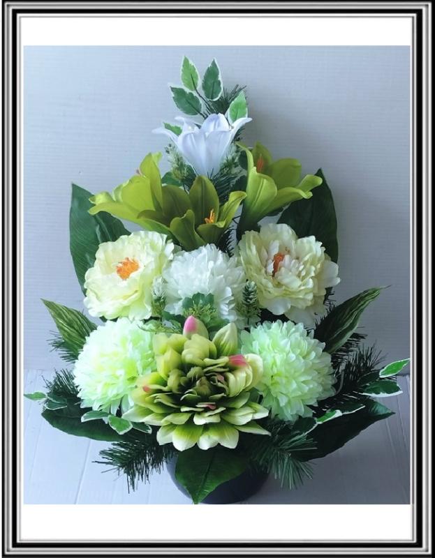 Kvety-VEĽKÉ- v miske  63 cm č 74 - bielo zelenými kvetmi a bielo zelenými chryzantémami
