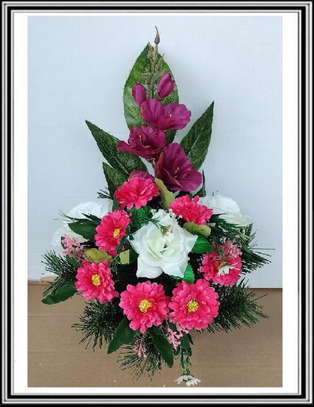 A1 Umelé kvety v miske v-45 cm , č 213 s malými kvietočkami okolo, ostro ružový