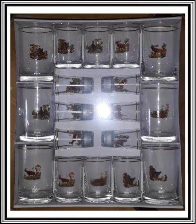 Sklenené poháre 18 ks sadá pohárov s poľovníckym motívom a so zlatým pásikom pod vrchom