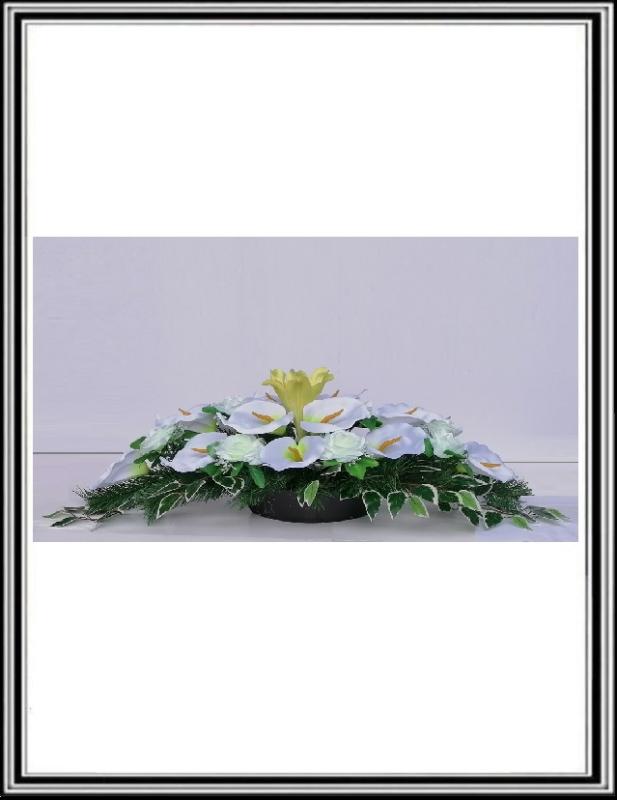 Ikebana č 2/118 , 80 cm , - 8 bielých kal +6 bielo zelených ruži + list Benjamin