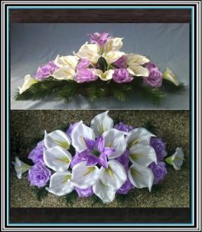 Ikebana č 2/  10 – 14 bielych kal a 10 fialových  ruži, dlžka - 95 cm