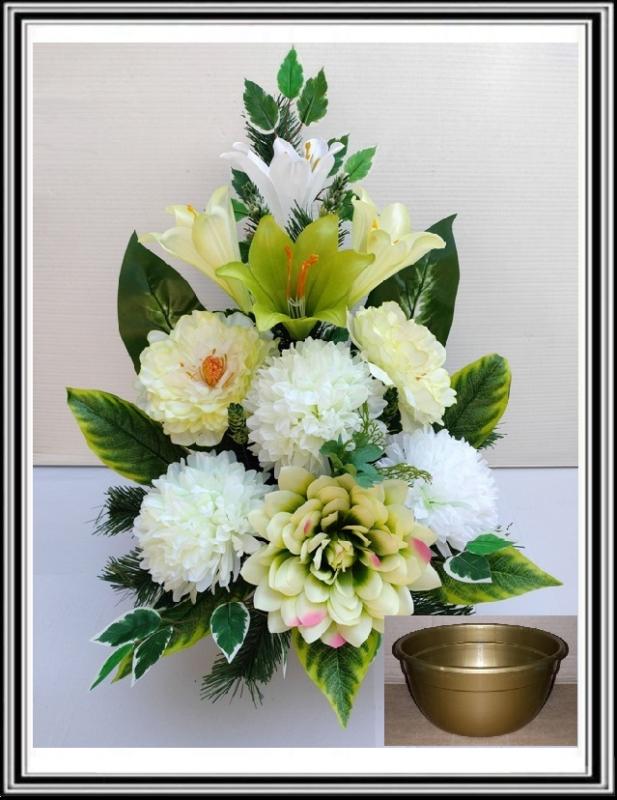 Kvety v miske vysoké 63 cm č 309- bielo zelenými pivóniami a bielo zelenými chryzantémami