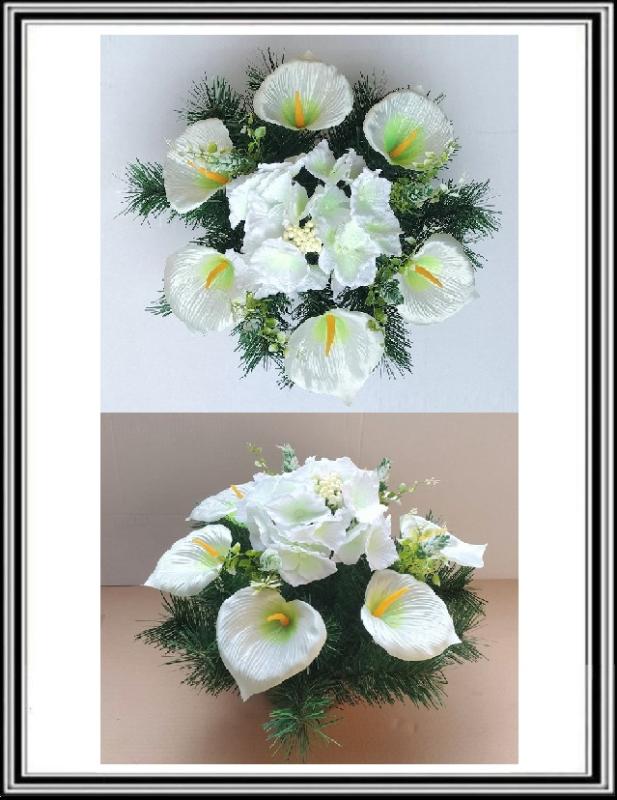 Umelé kvety v miske priemeru 15,5 cm č. 05 Bielo zelené kaly a bielo zelená hortenzia