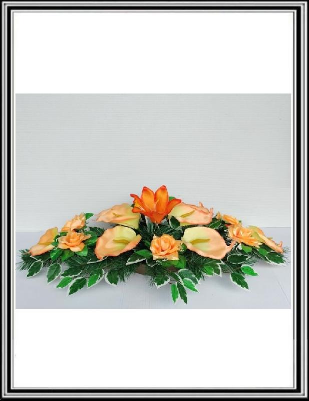 Ikebana č.2  205, dĺžka-95 cm-14 žlto oranžovými kalami+10 ružovými ružami + List BENJAMIN