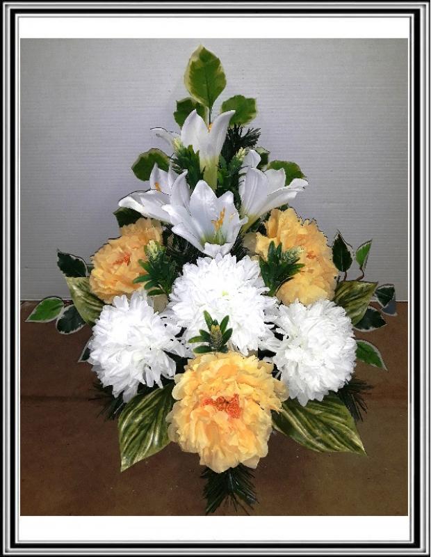 Kvety-VEĽKÉ- v miske, výška 63 cm č 34- sv.oranž s bielymi chryzantémami