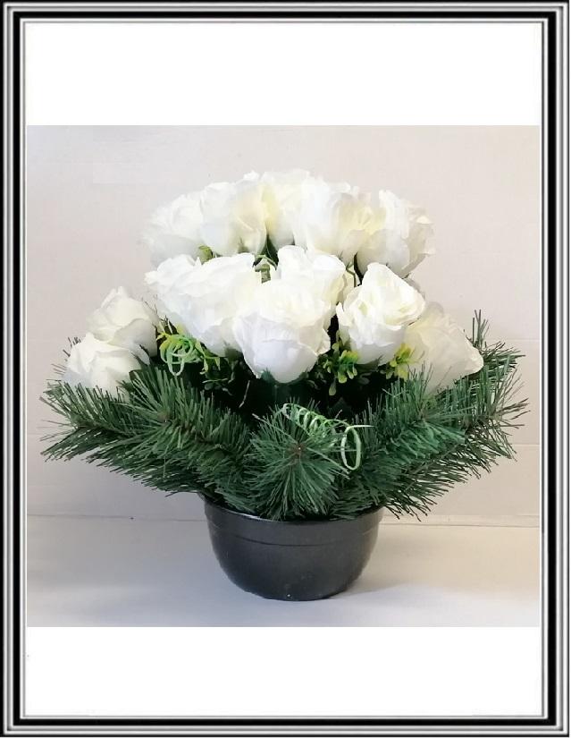 Kvety ruže DUPEĽ 18 hlav v 19 cm miske  č 381 - sv. Biele