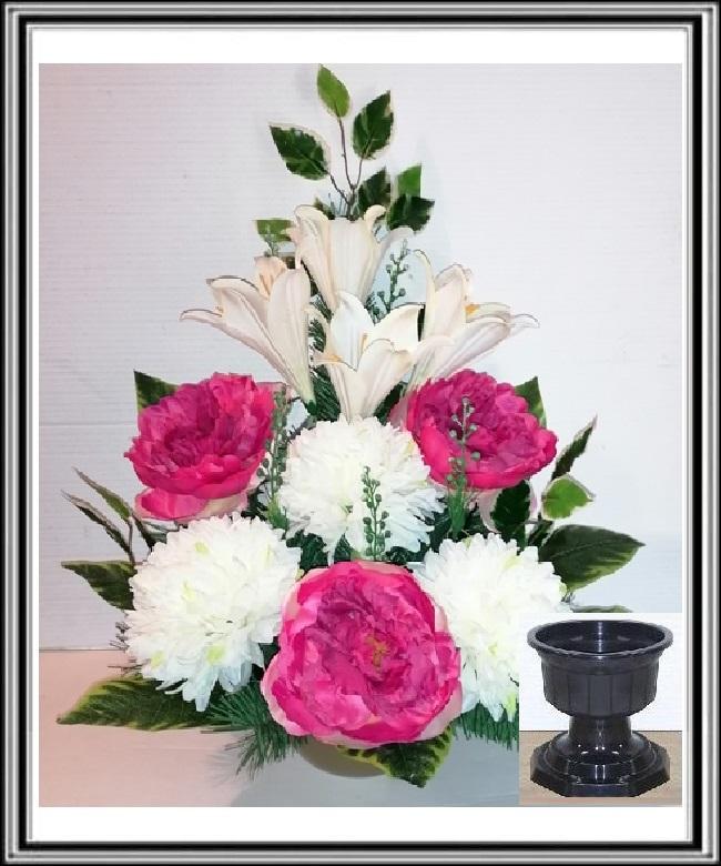 Kvety-VEĽKÉ-v miske na stopke 70 cm č.92 s veľkými ružovými kvetmi a bielymi chryzantémami