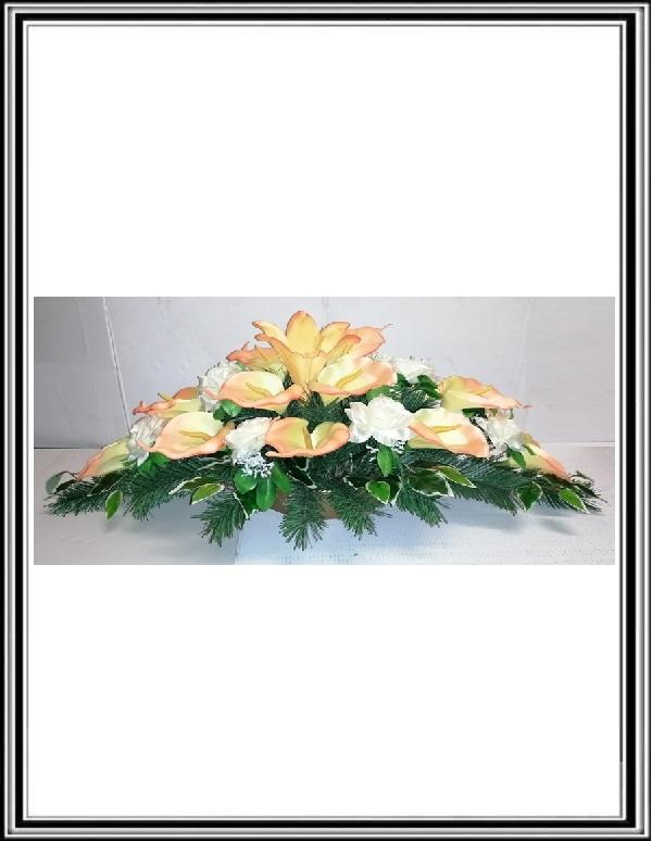 Ikebana č.2/12, dlžka -95 cm-14 žlto oranžových kal+10 sv.matových rúži 
 +  List BENJAMIN