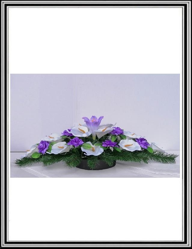 Ikebana č 2/113 , 80 cm , - 8 bielých kal +6 fialových ruži (bez listu Benjamin)