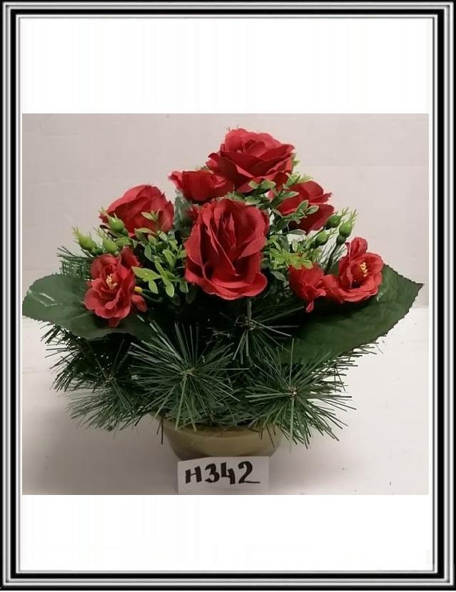 Umelé kvety v malej miske H 342 s doplnkami červené