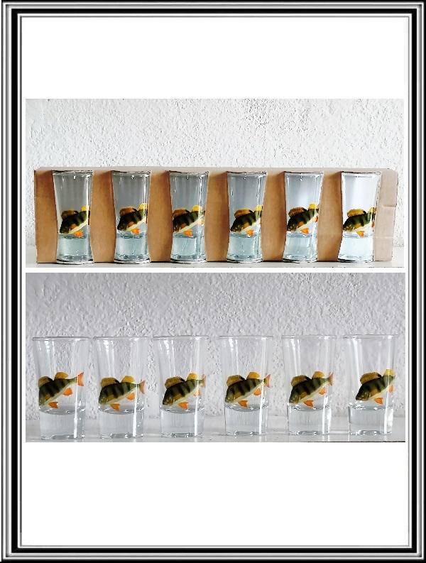 Štamperlíky - Sadá 6 ks sklenených štamperlíkov  - rybárske - ostrieže