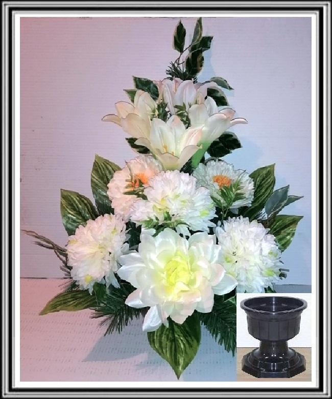 Kvety-VEĽKÉ- v miske na stopke 70 cm č.95 s veľkými bielými kvetmi a bielymi chryzantémami