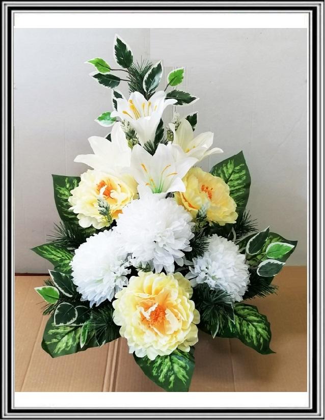 Kvety-VEĽKÉ- v miske 63 cm č 44 - žltými pivóniami a bielymi chryzantémami