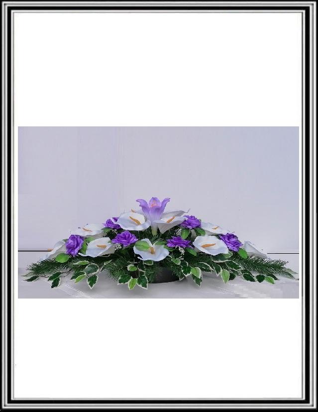 Ikebana č 2/112 , 80 cm , - 8 bielých kal +6 fialových ruži + list Benjamin
