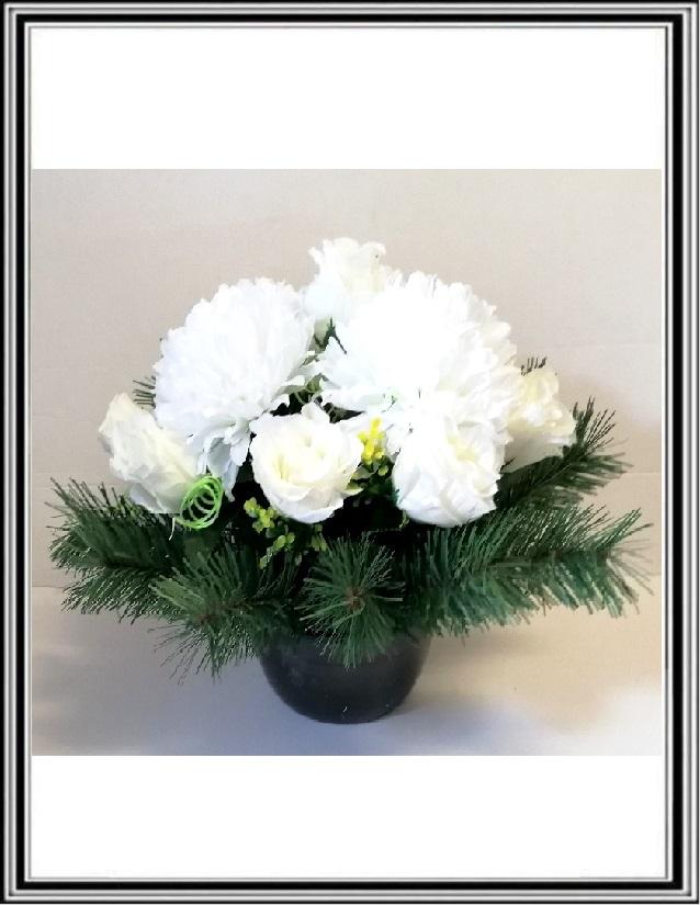 Kvety ruže 9 hláv rúži a 4 veľké chryzantémy v 19 cm miske  č 382 - biele