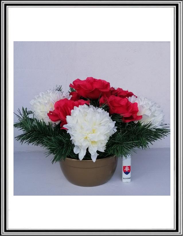Umelé kvety v malej miske- červené ruže +biele chryzantémy