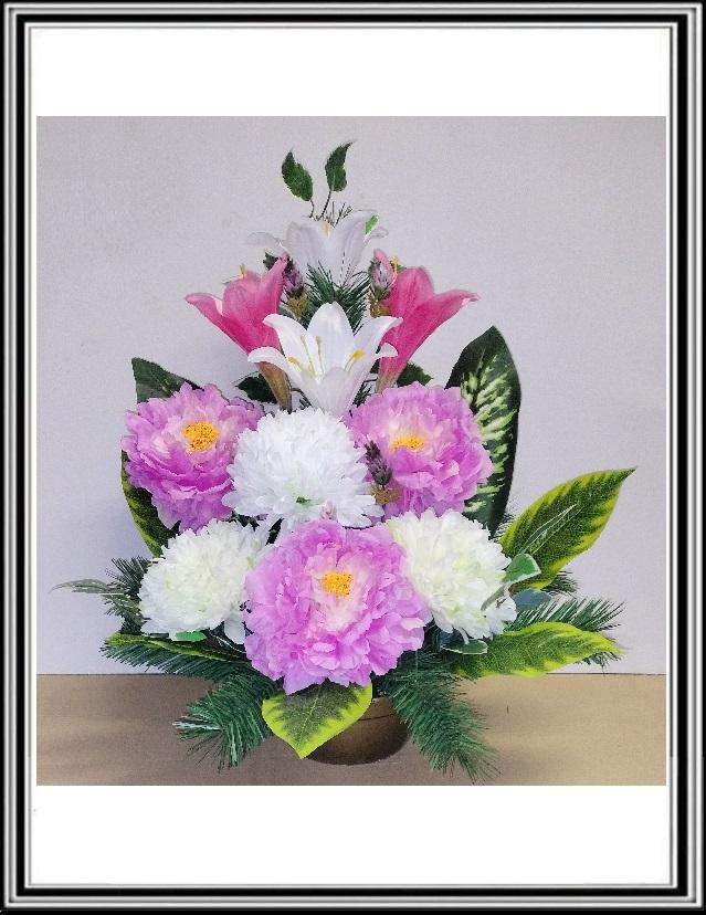 Kvety-VEĽKÉ- v miske 63 cm č 76 - svetlo ružovými pivóniami a bielymi chryzantémami