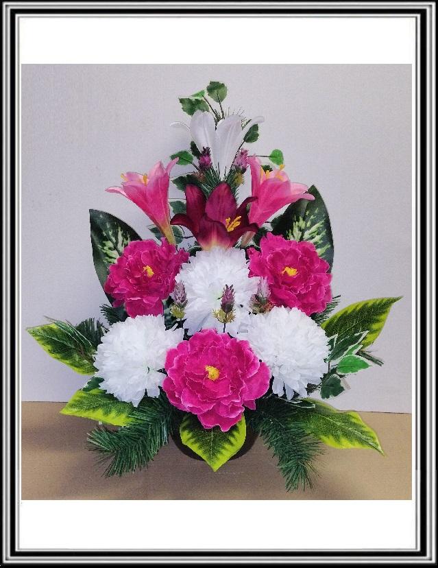 Kvety-VEĽKÉ- v miske 63 cm č 75 - ostro ružovými pivóniami a bielymi chryzantémami