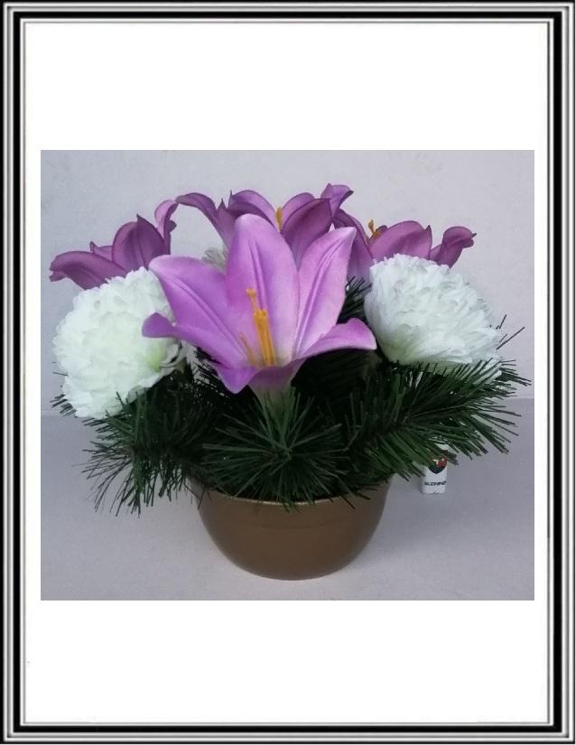 Umelé kvety v malej miske- fialové ľalie +biele chryzantémy