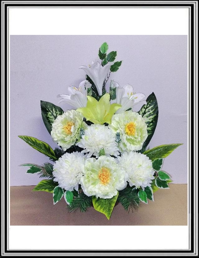 Kvety-VEĽKÉ- v miske 63 cm č 80 - ostro zelenými pivóniami a bielymi chryzantémami