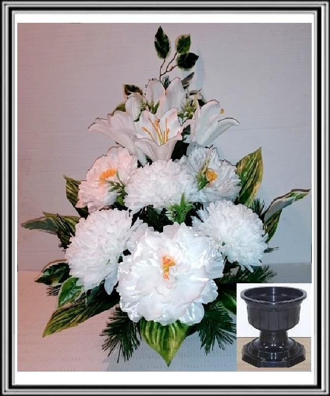 Kvety-VEĽKÉ- v miske na stopke 70 cm č 98 s veľkými bielými kvetmi a bielymi chryzantémami