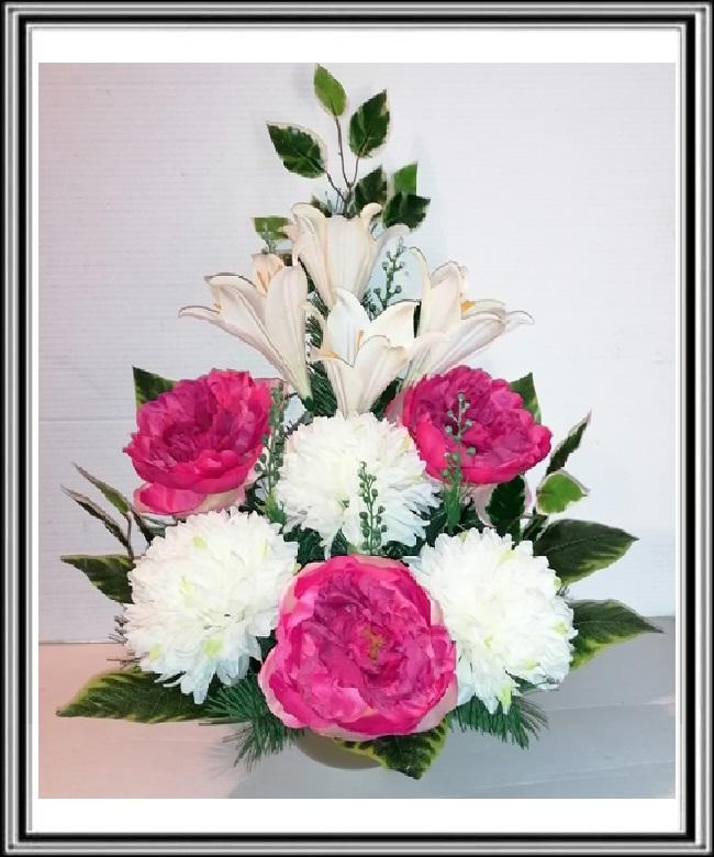 Kvety-VEĽKÉ- v miske na 63 cm č 32 s veľkými ružovými kvetmi a bielymi chryzantémami