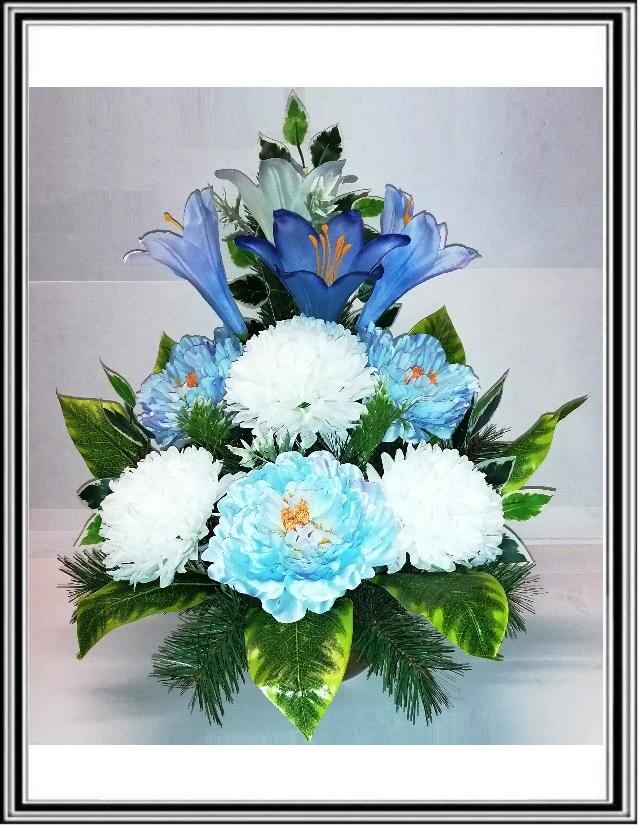 Kvety-VEĽKÉ- v miske 63 cm č 152 - modrými kvetmi a bielymi chryzantémami