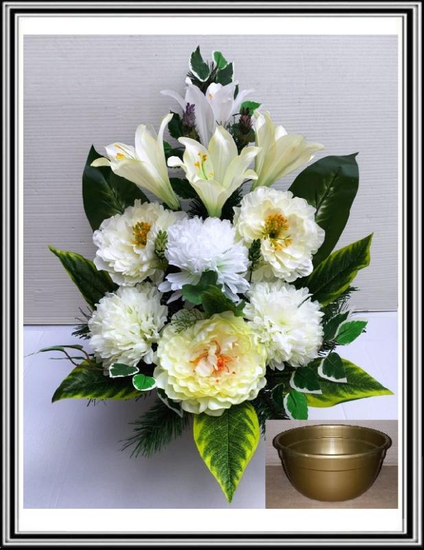 Kvety v miske vysoké 63 cm č 304 - Svetlo krémovými pivóniami a bielymi chryzantémami