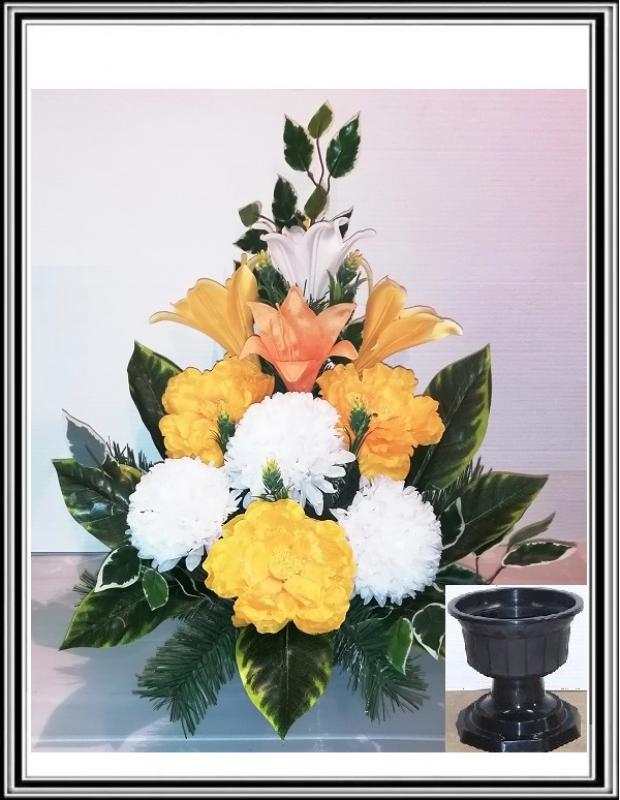 Kvety-VEĽKÉ- v miske na stopke 70 cm č 14 -žlto krém - žltými kvetmi a  bielymi chryzantém