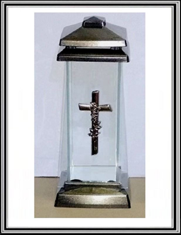 Sklenený kahanec 26,5 cm vysoký s krížikom a zlatou ružou