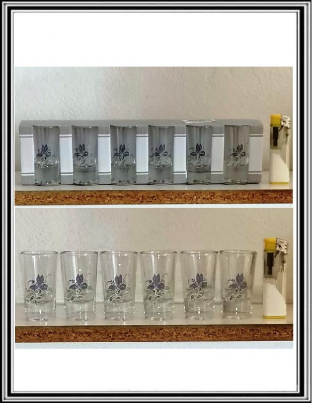 Štamperlíky - Sadá 6 ks zdobených štamperlikov 25 ml - modrý kvet