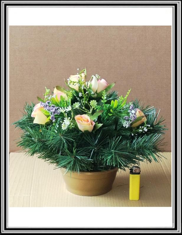 Umelé kvety 7 hlav + doplnky v malej 16 cm miske čFLO 2075krém s rúžovým nádychom