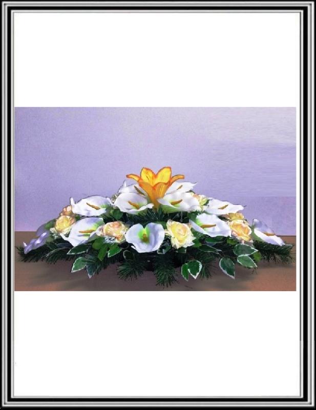 Ikebana č.2 206 , dlžka-95 cm-14 bielych kal+10 ružami zlato s ružovými koncami + List BEN