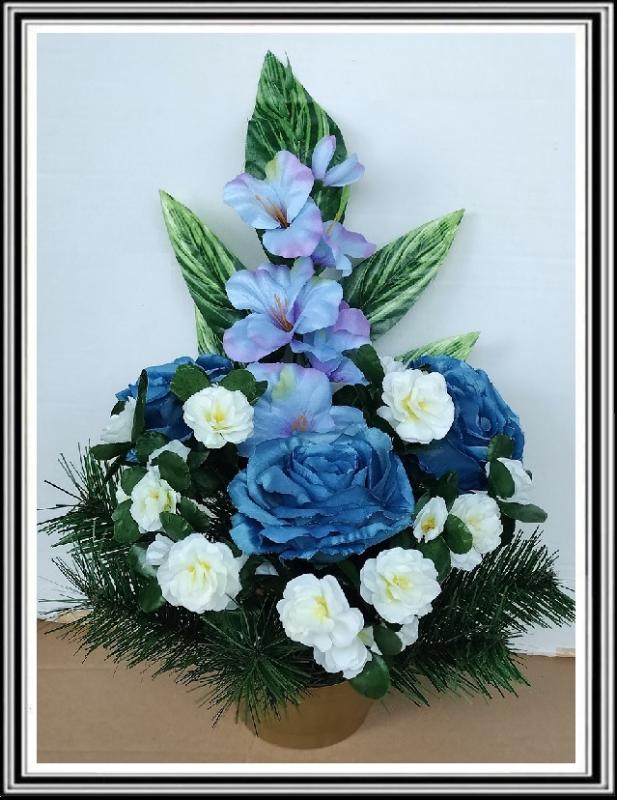 A3 Umelé kvety v miske v-45 cm , č 207 s malými kvietočkami okolo, modrý