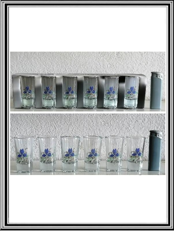 Štamperlíky - Sadá 6 ks sklenených štamperlíkov 25 ml - Modré kvety