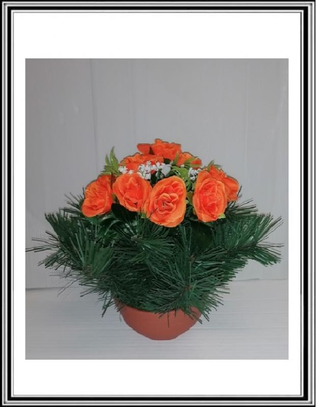 Umelé kvety v malej miske 8 hláv - MINY  oranžové ružičky DUPEĽ