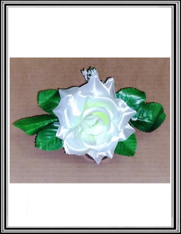 Hlavička kvetu ruža s lístkami  11 cm W674   bielo zelená