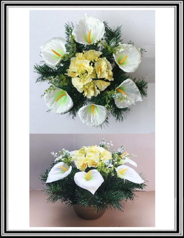 Umelé kvety v miske priemeru 15,5 cm č. 08 Bielo zelené kaly a svetlo žltá hortenzia