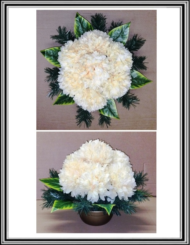 Umelé chryzantémy v plastovej miske 18 cm 7 veľkých 15 cm hláv krémová