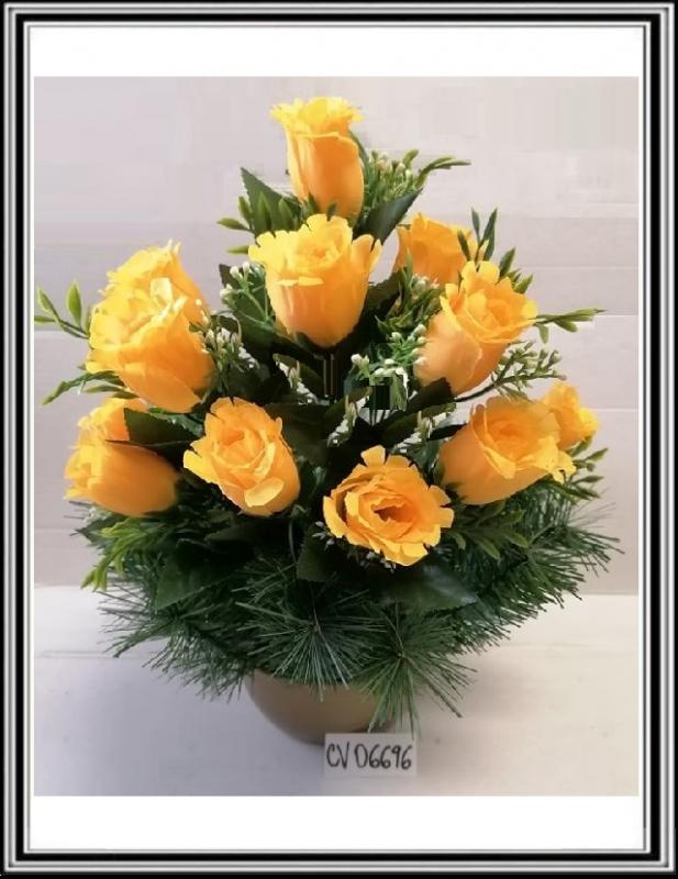 Umelé kvety vo veľkej miske CV 06696 12 hlav a s doplnkami a žltými ružami 9495