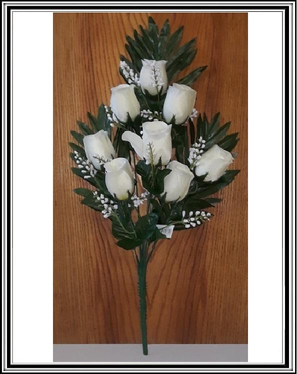 Umelá kytička s 8 hlavičkami s papradím 49 cm biela