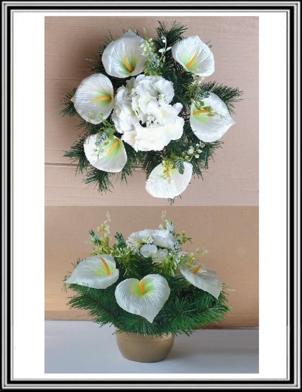 Umelé kvety v miske priemeru 15,5 cm č. 07 - Bielo zelené kaly a biela hortenzia