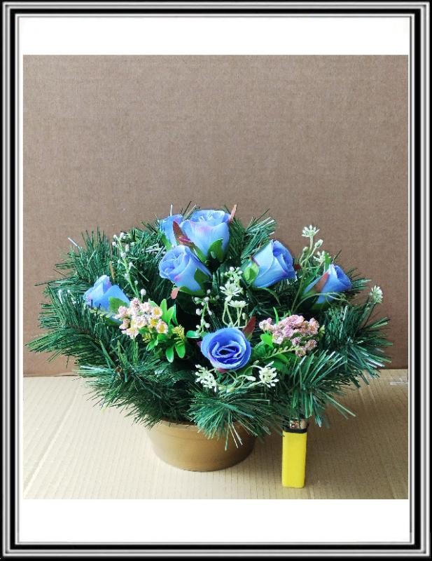Umelé kvety 7 hlav + doplnky v malej 16 cm miske čFLO 2075modré