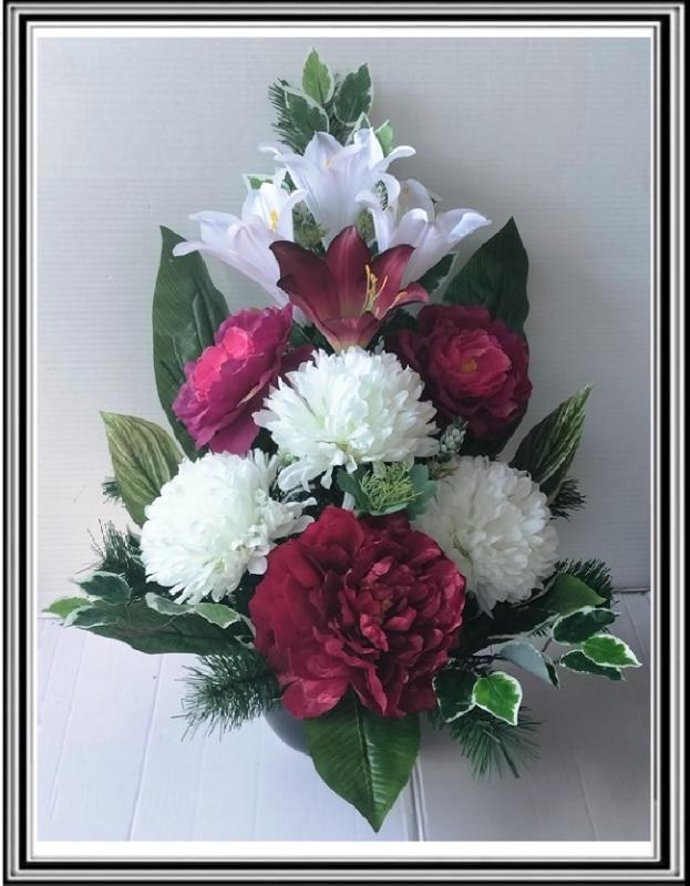 Kvety-VEĽKÉ- v miske  63 cm č 75 - bordovými kvetmi a bielymi chryzantémami