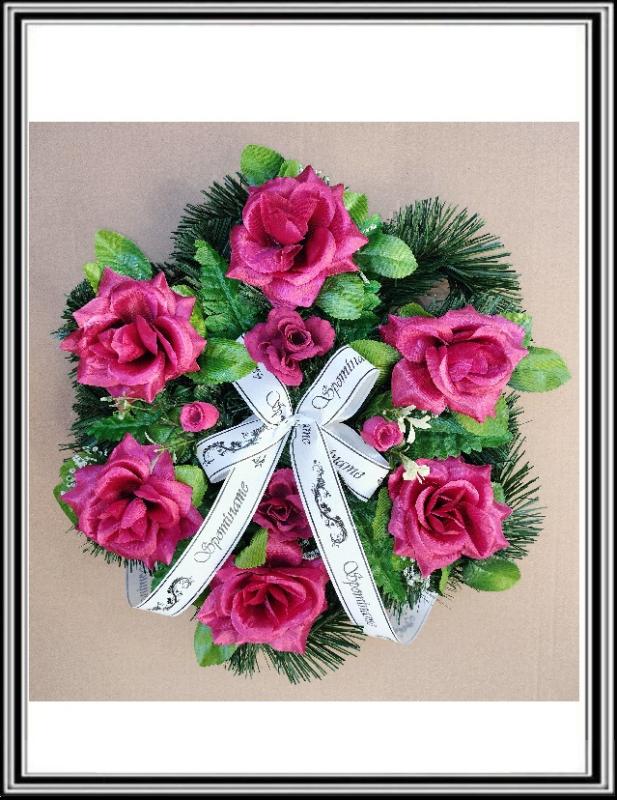 Venček stredný 35 cm  - 6 cyklámenové ruže +ružičky  VS -6-17