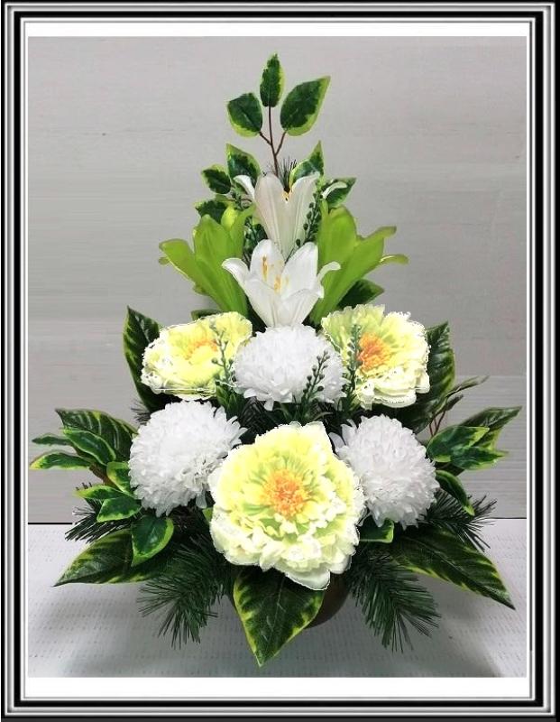 Kvety-VEĽKÉ- v miske na 63 cm č 16 svetlo zelenými kvetmi i bielymi chryzantémami