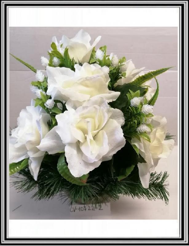 Umelé kvety vo veľkej miske CV-10722-2 s bielymi doplnkami a bielymi ružami