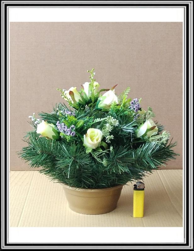 Umelé kvety 7 hlav + doplnky v malej 16 cm miske čFLO 2075 so zeleným nádychom
