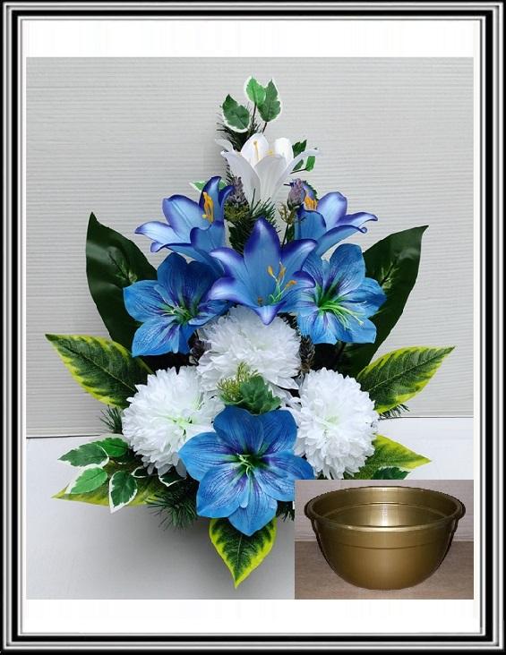 Kvety v miske vysoké 63 cm č 318 - modrými pivóniami a bielymi chryzantémami