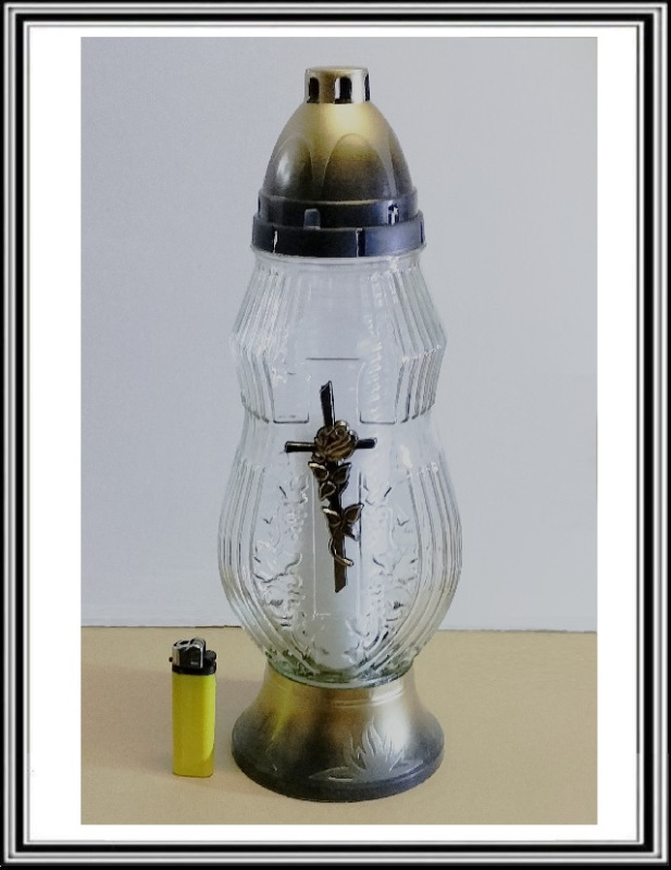 Sklenený kahanec vysoký36 cm krížikom a zlatou ružou